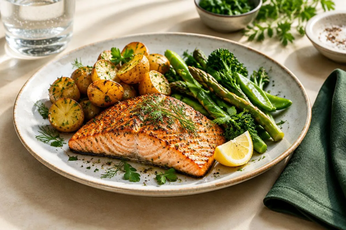 Ausgewogene Mahlzeit aus Lachs, Kartoffeln und grünem Gemüse