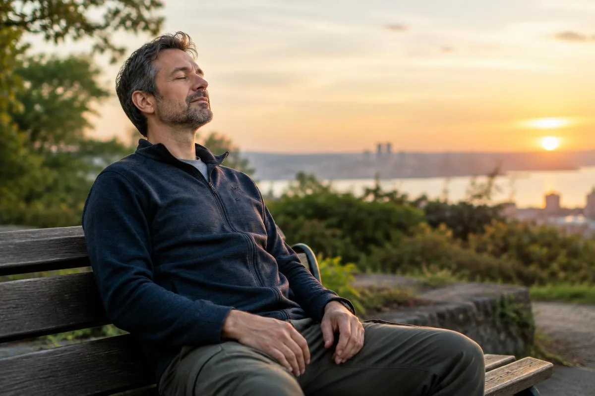 Stress, Cortisol und Bauchfett ab 40: Mann macht eine Atempause im Freien